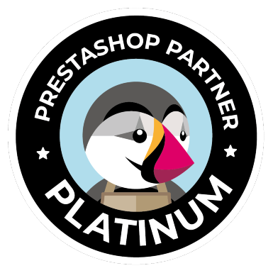 Badge riservato alle agenzie partner Platinum di Prestashop. Il logo presenta il muso di un pinguino stilizzato su sfondo azzurro